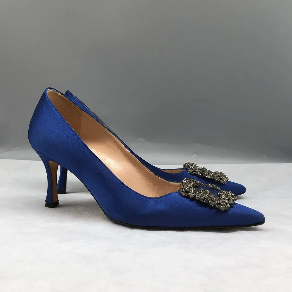 Manolo Blahnik Cobalt Satin Pointed-Toe Pumps with Jeweled Buckle - Picture 5 of 10